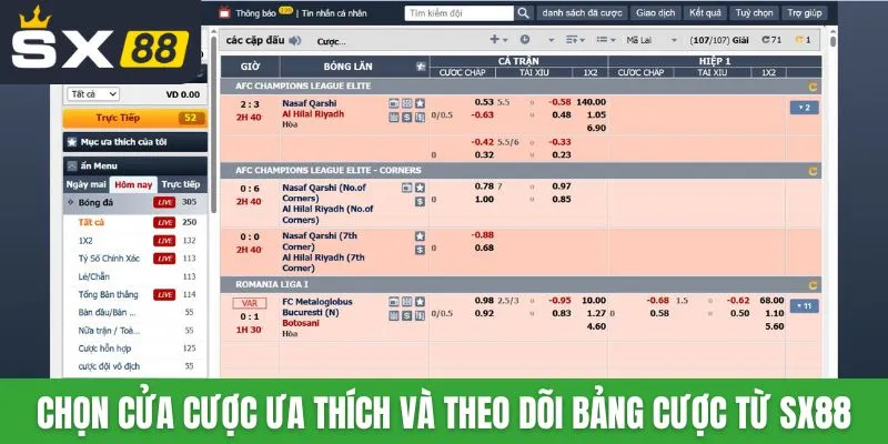Chọn cửa cược ưa thích và theo dõi bảng cược từ SX88