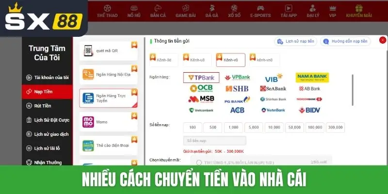 Nhiều cách chuyển tiền vào nhà cái