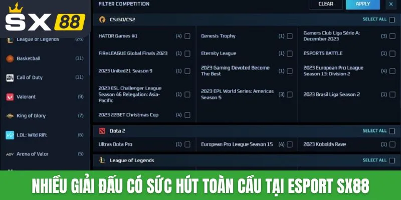 Nhiều giải đấu có sức hút toàn cầu tại Esport SX88